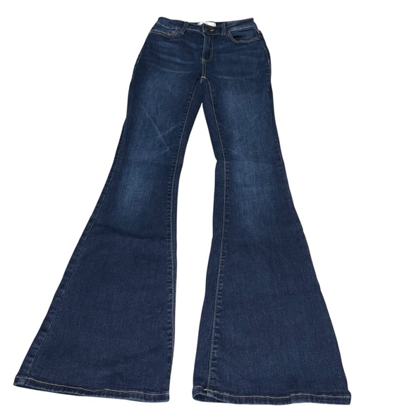 SO Women’s JR High Rise Flare Jeans Size 1 Dark Blue Wash Retro 70s Style - Picture 1 of 6